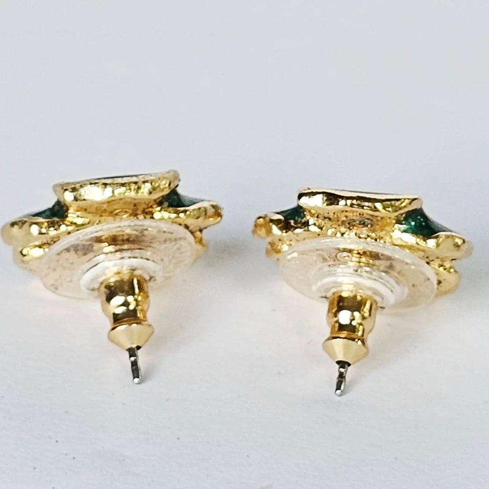 Vtg Pansy Flower‎ Stud Earrings Green Enamel Rhinestone Cottagecore Botanical
